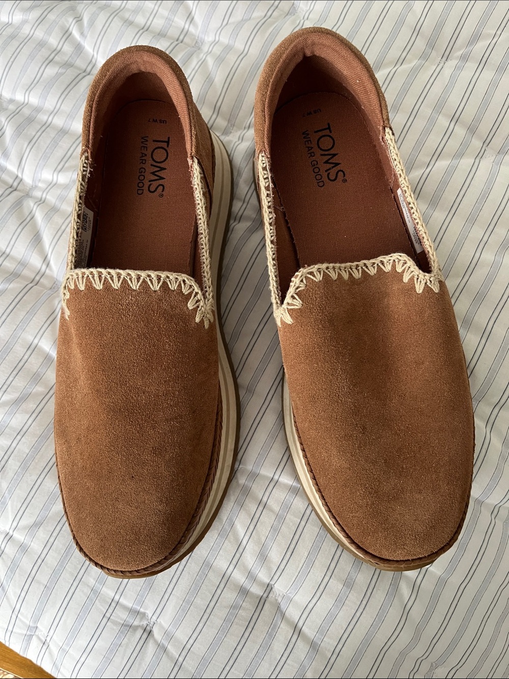TOMS womens Tan Suede Slip-On Loafers with Cream Stitching